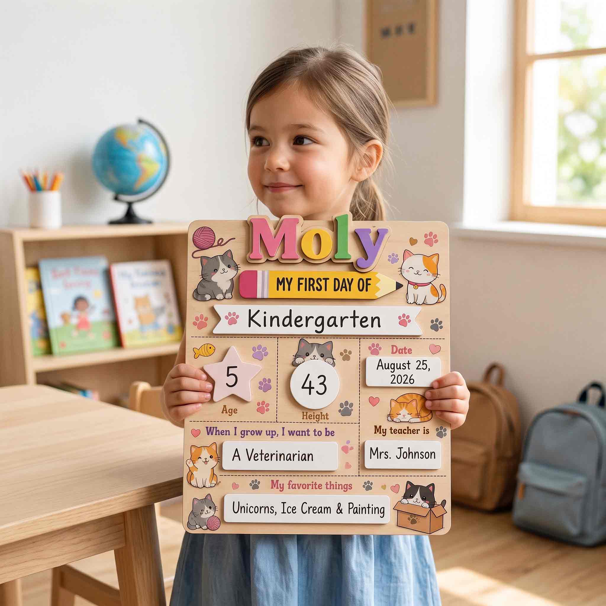 Personalized Playful Cat Icons First & Last Day School Sign, Reusable Dry Erase Board, Back to School Sign