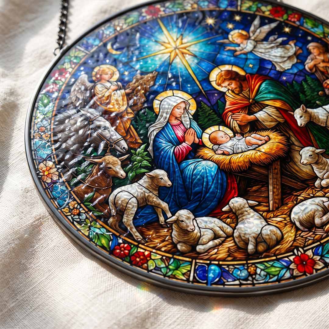 Nativity Scene Holy Family Birth of Jesus Nativity Stained Glass Suncatcher Christmas Ornament