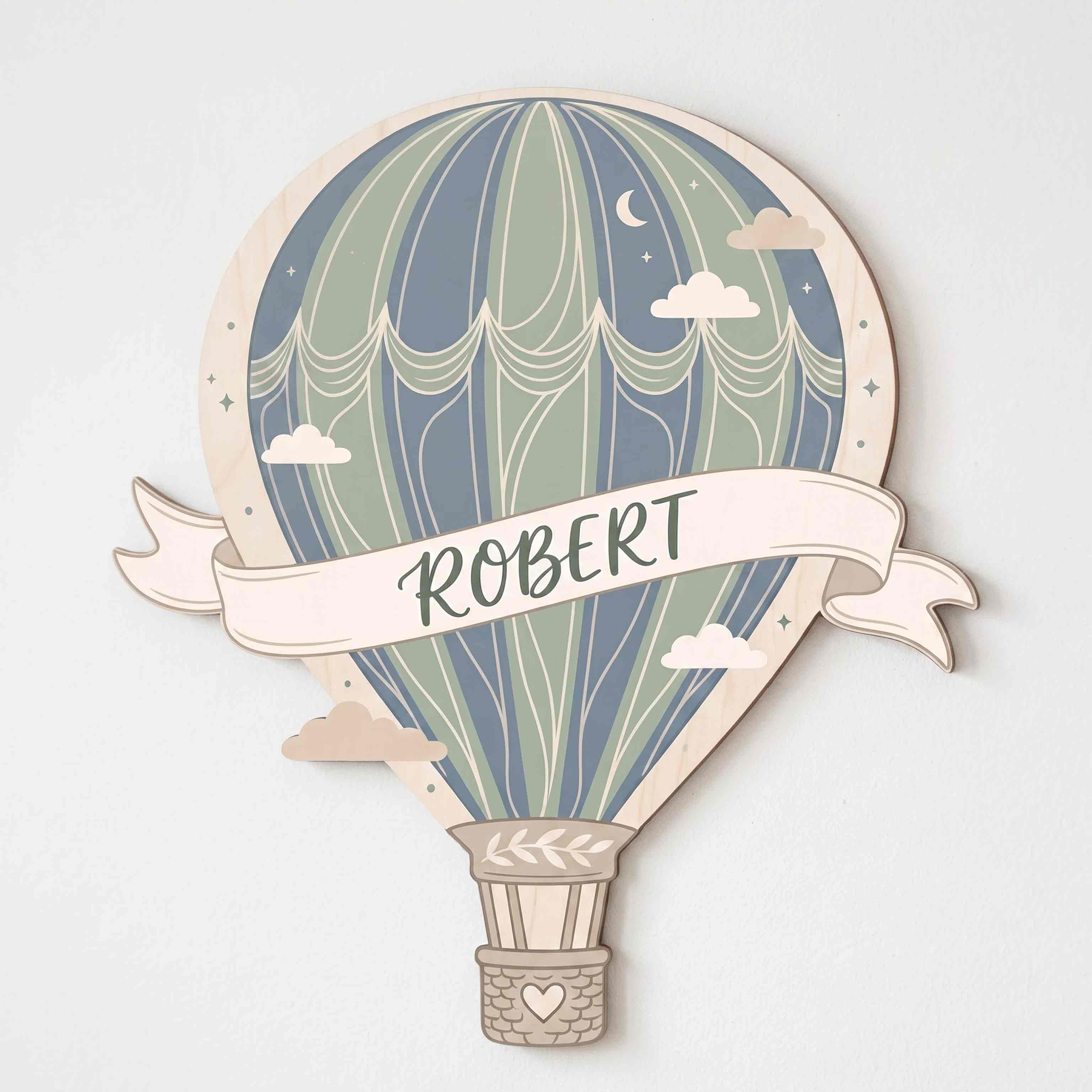 Personalized Retro Hot Air Balloon Nursery Name Sign Wooden Baby Room Decor