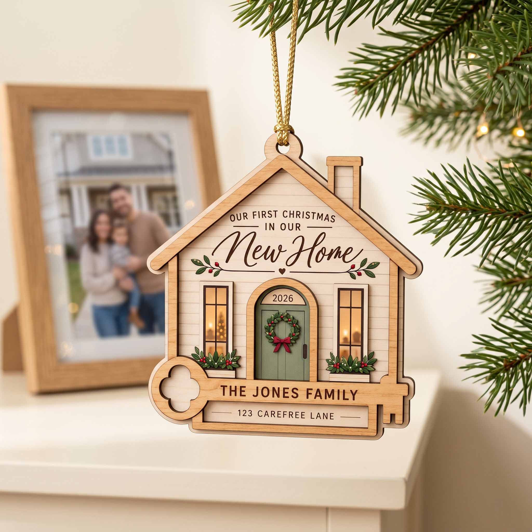 First Christmas In Our New Home 2026 House With Key Custom Name & Address New Home Wooden Christmas Ornament