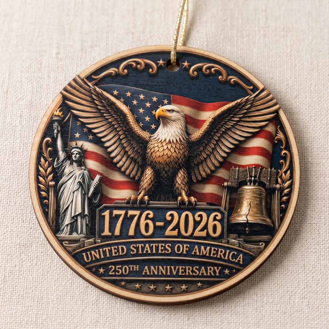America's 250th Anniversary Bald Eagle Liberty Bell Patriotic Keepsake Personalized Patriotic 1-Layer Wooden Christmas Ornament for American Pride