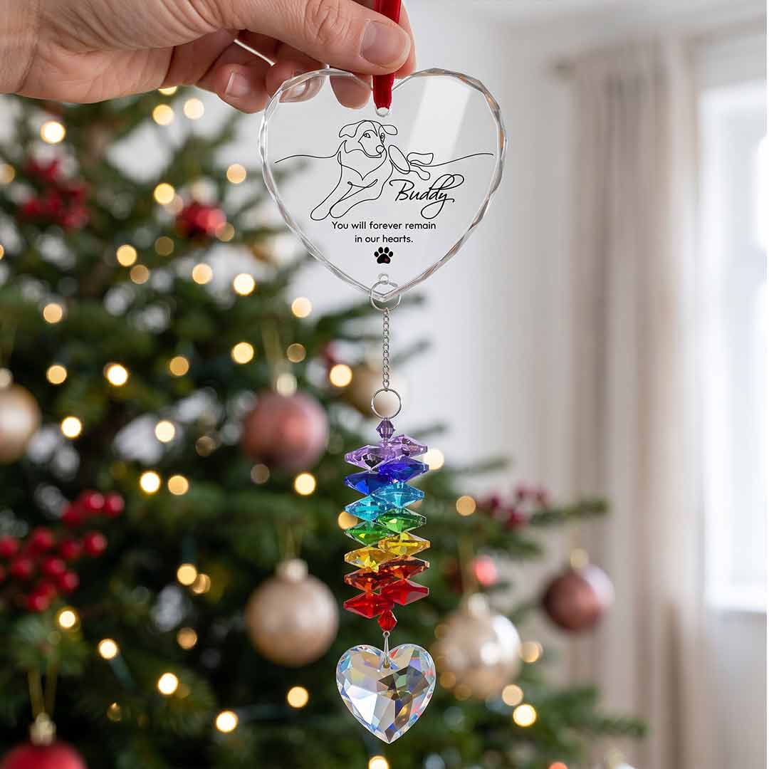 You Will Forever Remain In Our Hearts Dog Personalized Pet Custom Name Photo Memorial Keepsake Sympathy Gift Heart Pet  Glass Christmas Ornament With Crystal Charm