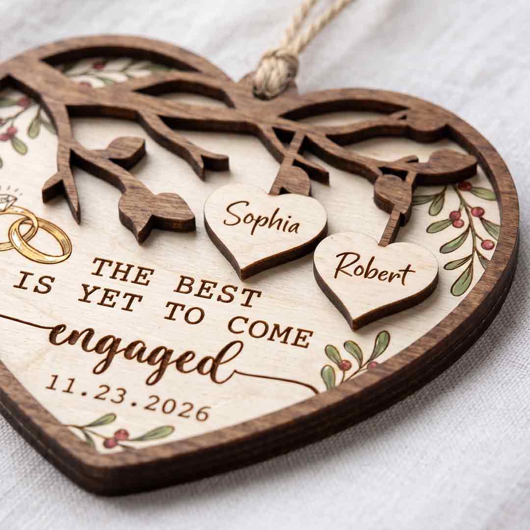 Engagement Heart Rings Personalized Custom Name Date First Engagement 2-Layer Wooden Christmas Ornament Romantic Engagement Gift for Newly Engaged Couple