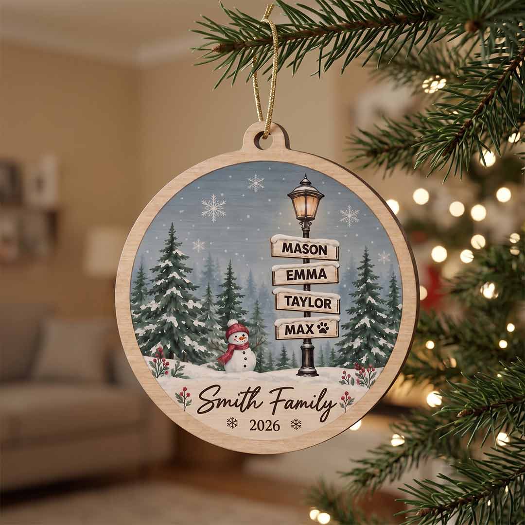 Winter Street Sign 2026 Xmas Holiday Keepsake Personalized Custom Name Date Family 1-Layer Wooden Christmas Ornament for Christmas Gift