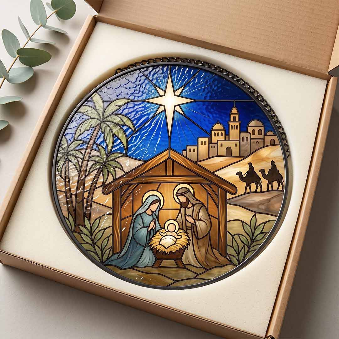 Holy Family Nativity Scene Bethlehem Star Nativity Stained Glass Suncatcher Christmas Ornament