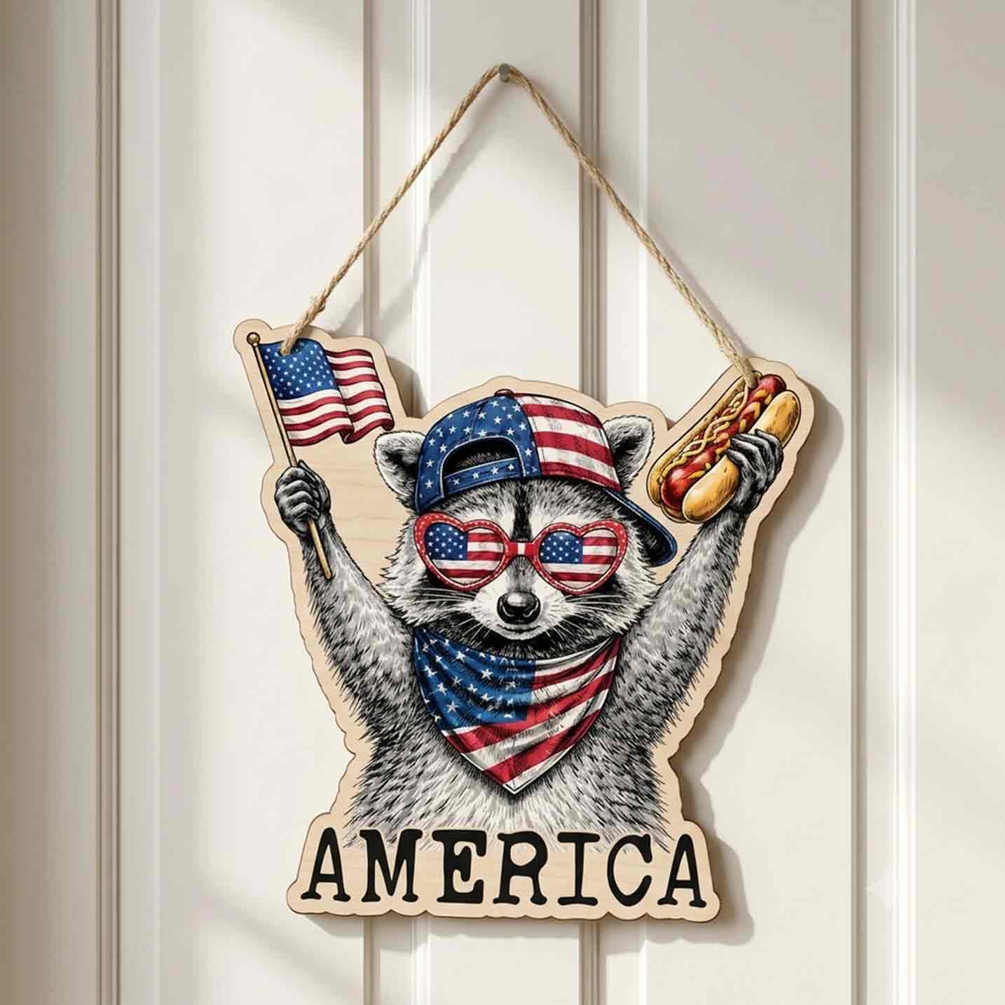 Funny 4th of July Raccoon Wooden Sign Patriotic Decor