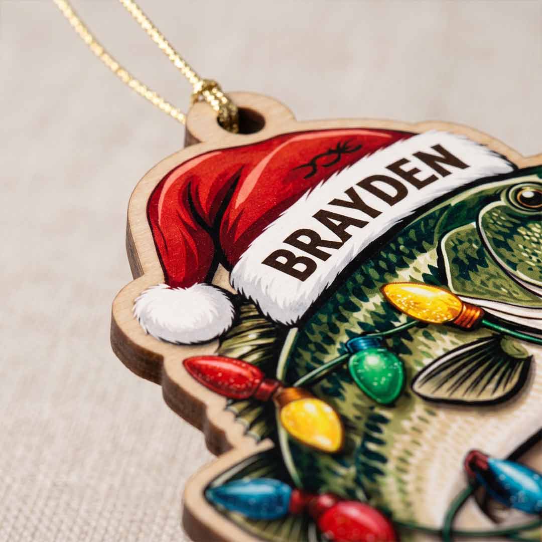 Christmas Fish Santa Hat Fisherman Holiday Keepsake Personalized Custom Name Fishing 1-Layer Wooden Christmas Ornament for Anglers Gift