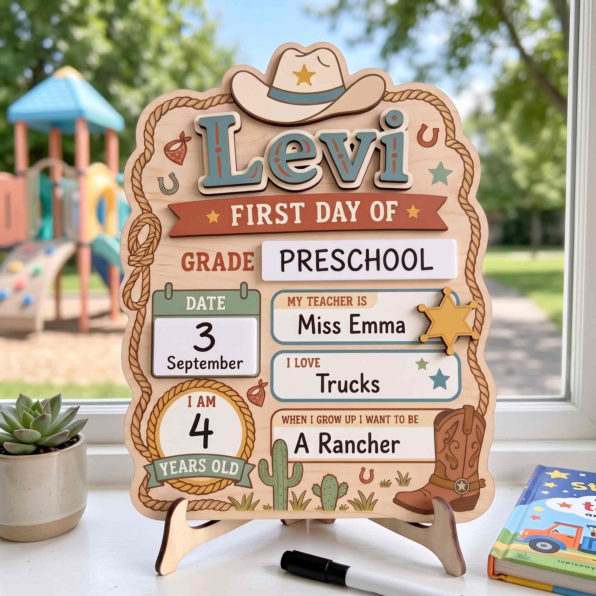 Personalized Western Cowboy First & Last Day School Sign, Reusable Dry Erase Board, Back to School Sign