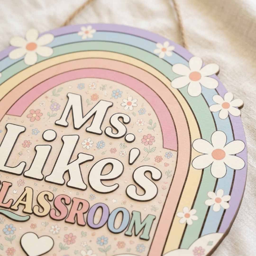 Personalized Teacher Name Wooden Sign Door Hanger Pastel Rainbow Classroom Sign  Wooden Classroom Decor, Back to School Sign