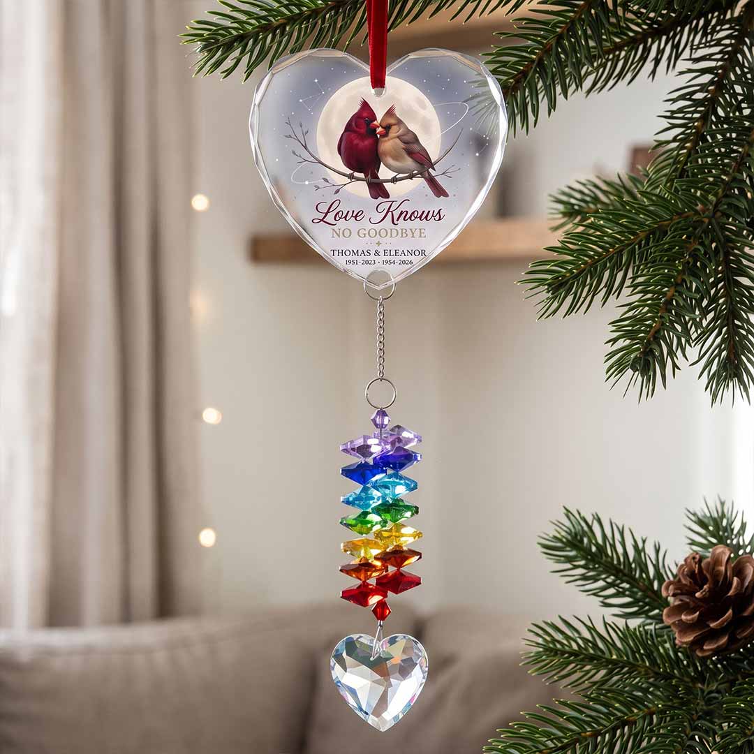 Love Knows No Goodbye Cardinal Personalized Couple Custom Name Date Memorial Keepsake Gift Heart Glass Christmas Ornament With Crystal Charm