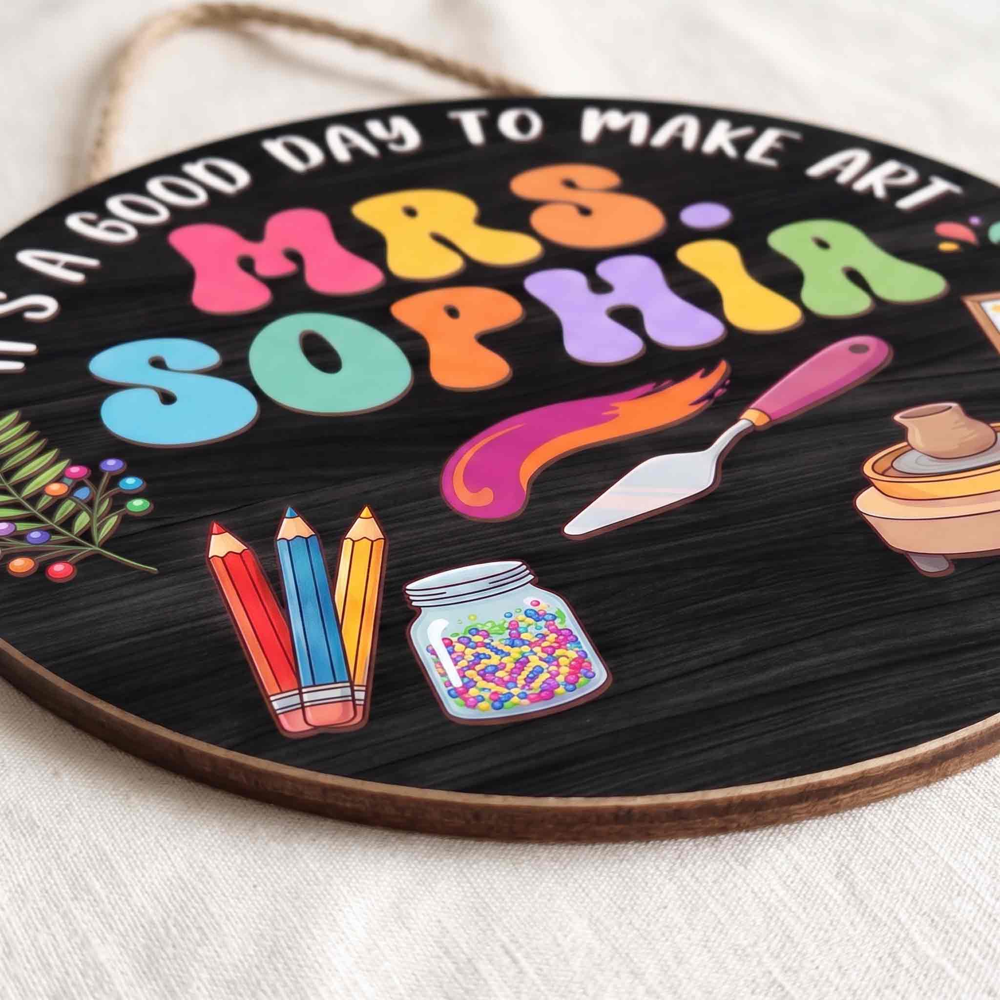 Personalized Art Teacher Classroom Door Hanger Wooden Sign, Custom Art Room Welcome Sign