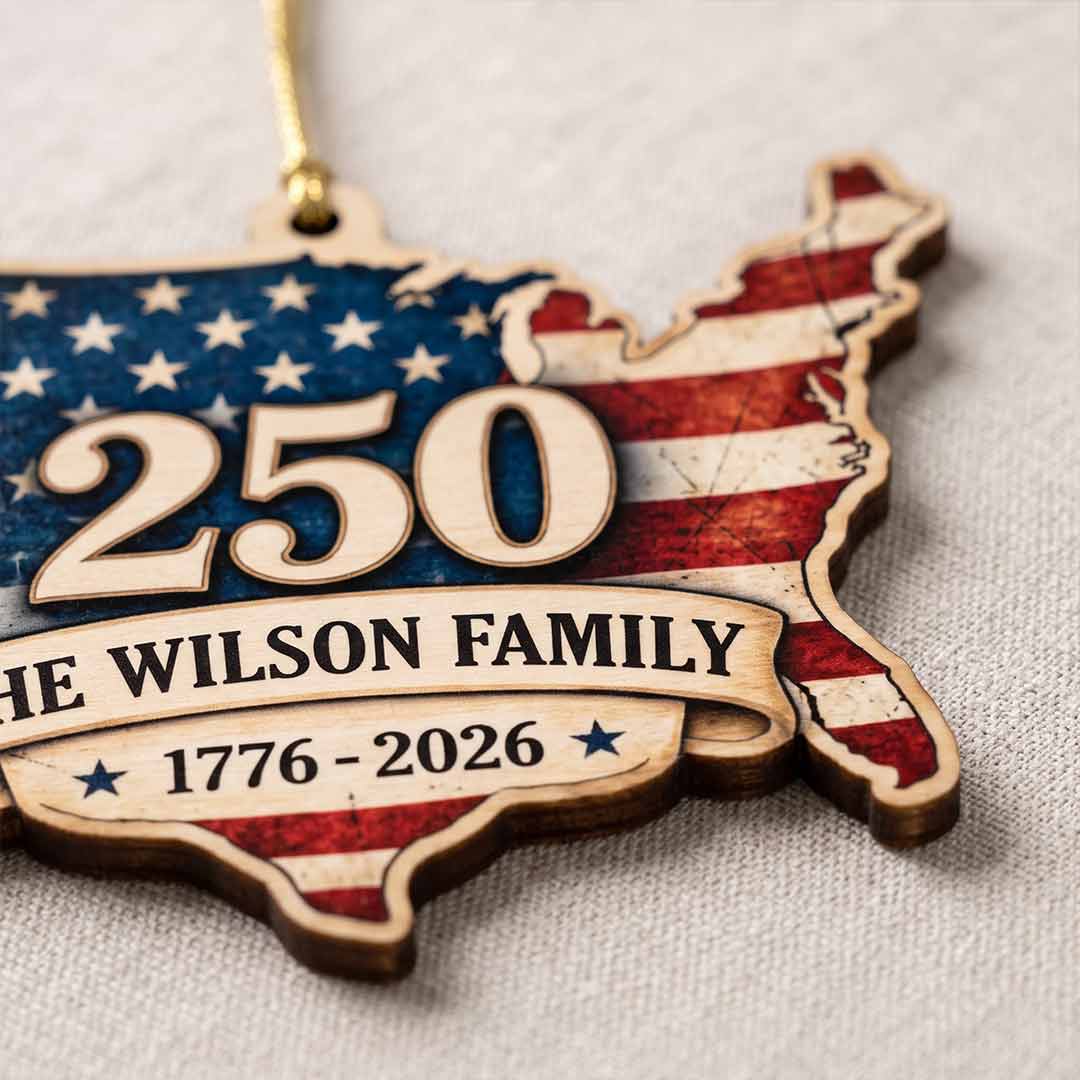 America's 250th USA Map Patriotic Keepsake Personalized Custom Name Patriotic 1-Layer Wooden Christmas Ornament for American Families