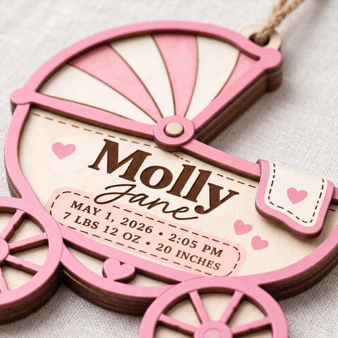 Baby Carriage Birth Announcement Personalized Custom Name Date Time Weight Length Newborn 2-Layer Wooden Christmas Ornament for New Baby Keepsake