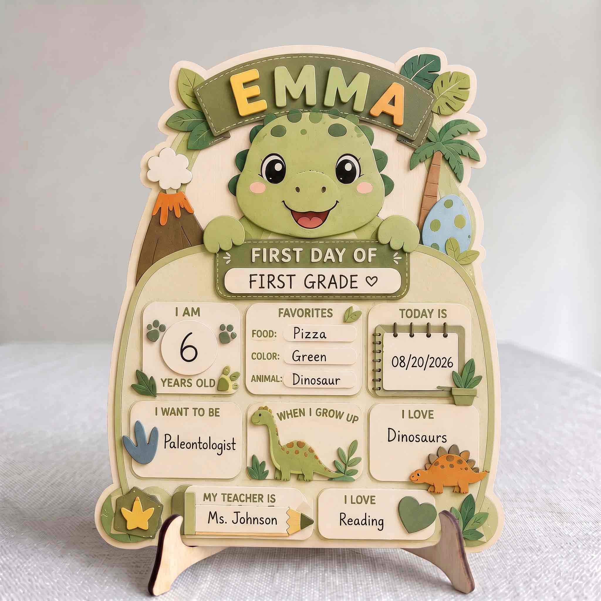 Personalized Sage Green Dinosaur First & Last Day School Sign, Reusable Dry Erase Board, Back to School Sign