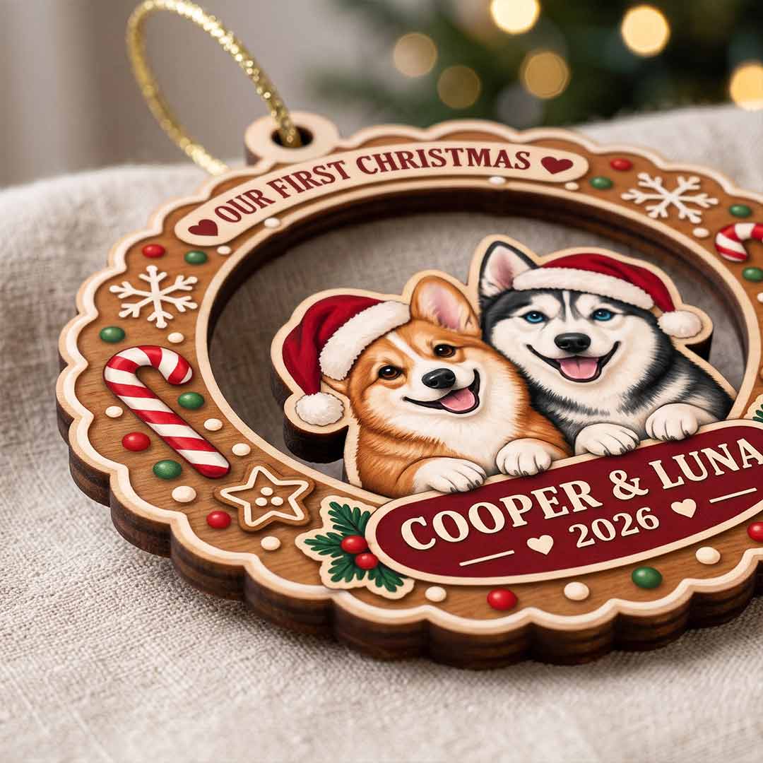 Multi Pet Christmas Wreath Personalized Dog Cat Breeds Custom Name Wooden Ornament