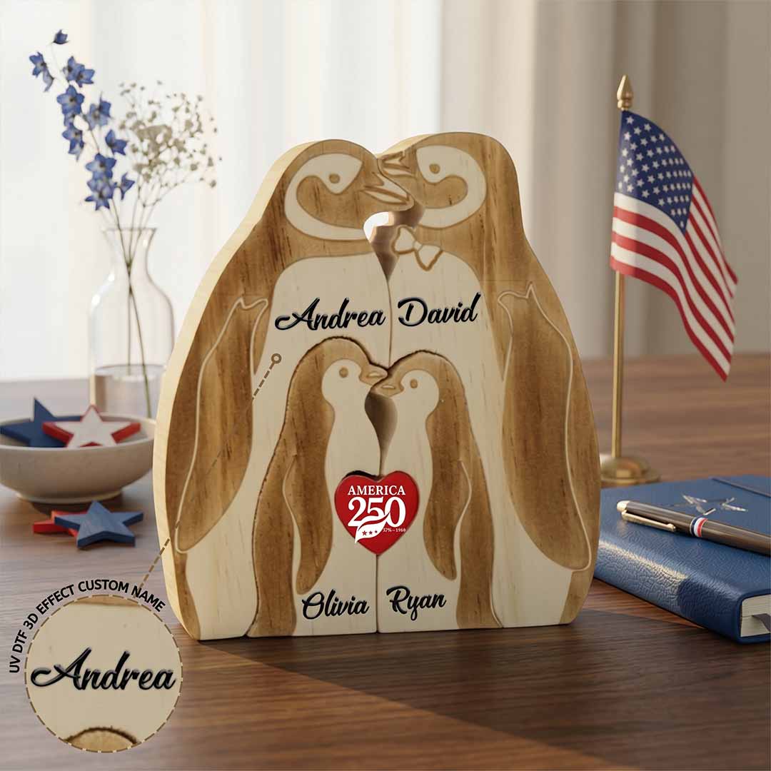 Personalized A250 Penguin 2,3,4,5 Pieces Family Edition Custom Wooden Puzzle