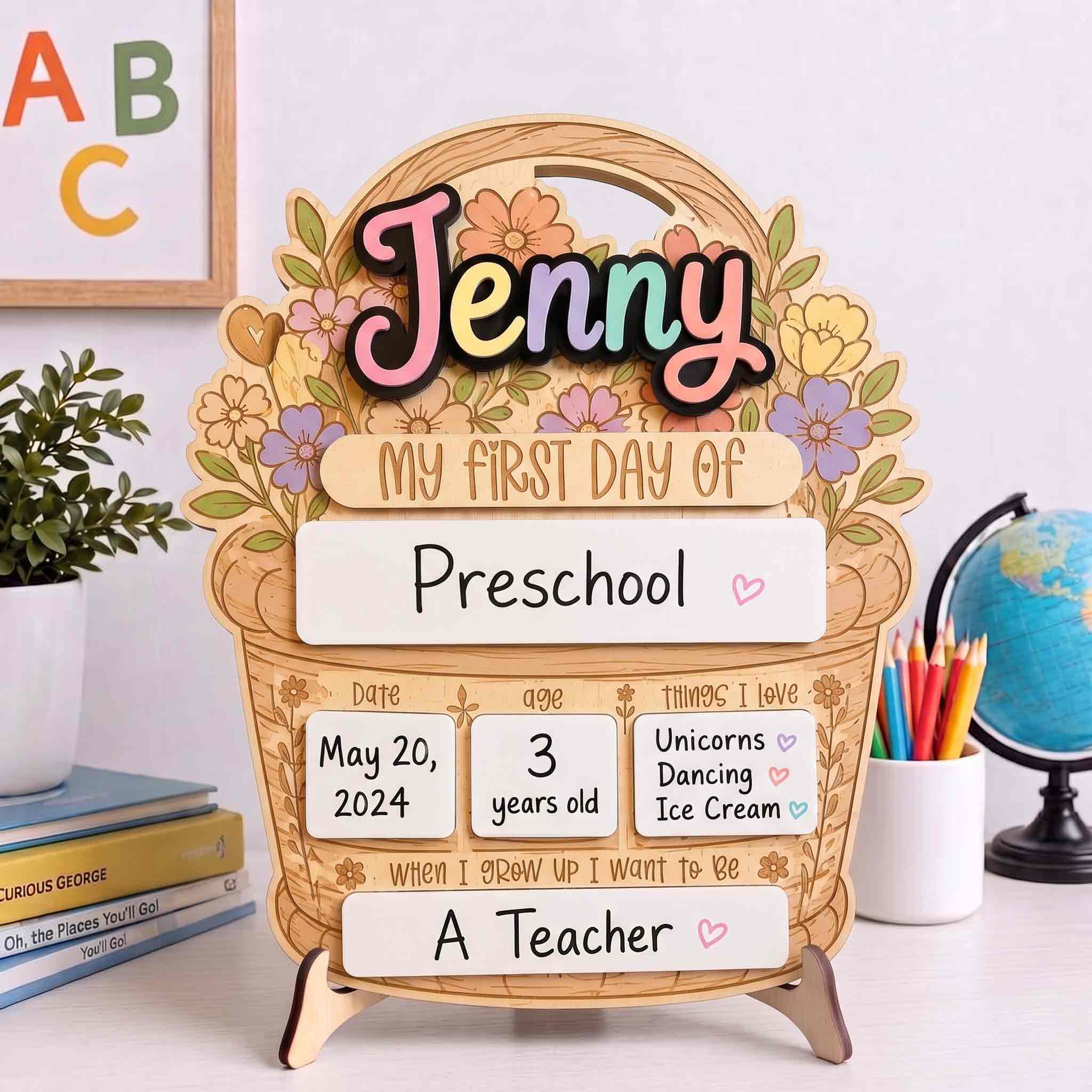 Personalized Flower Basket First & Last Day School Sign, Reusable Dry Erase Board, Back to School Sign