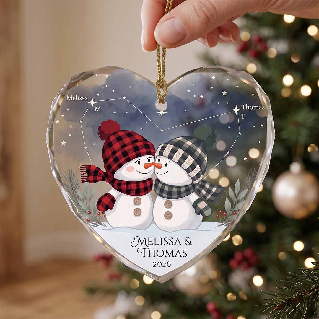 Starry Constellation Snowman Couple Personalized Couple Custom Name Date Christmas Gift Heart Glass Christmas Ornament