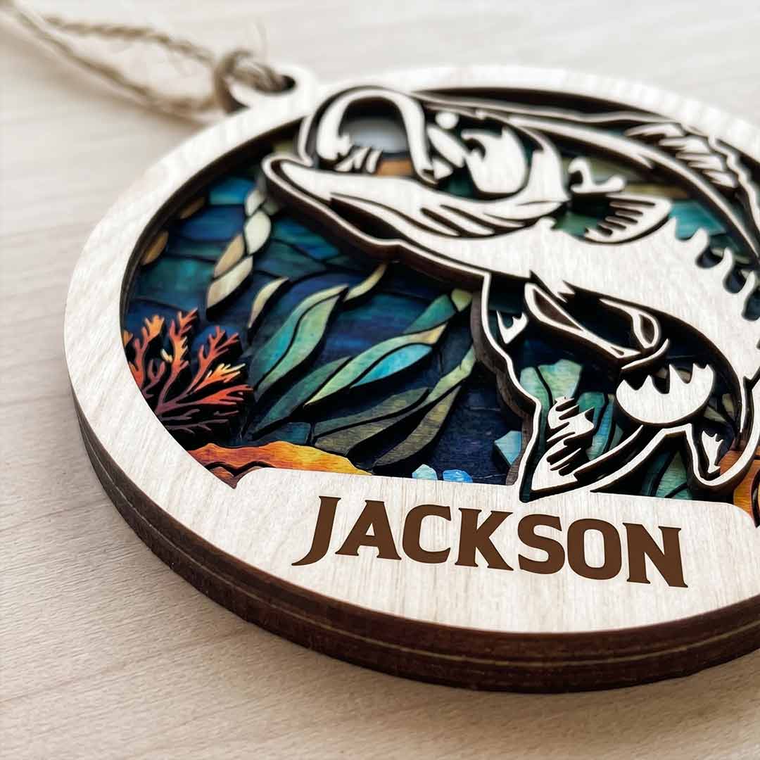 Underwater Bass Fishing Personalized Custom Name Fishing 2-Layer Wooden Christmas Ornament for Angler Christmas Gift
