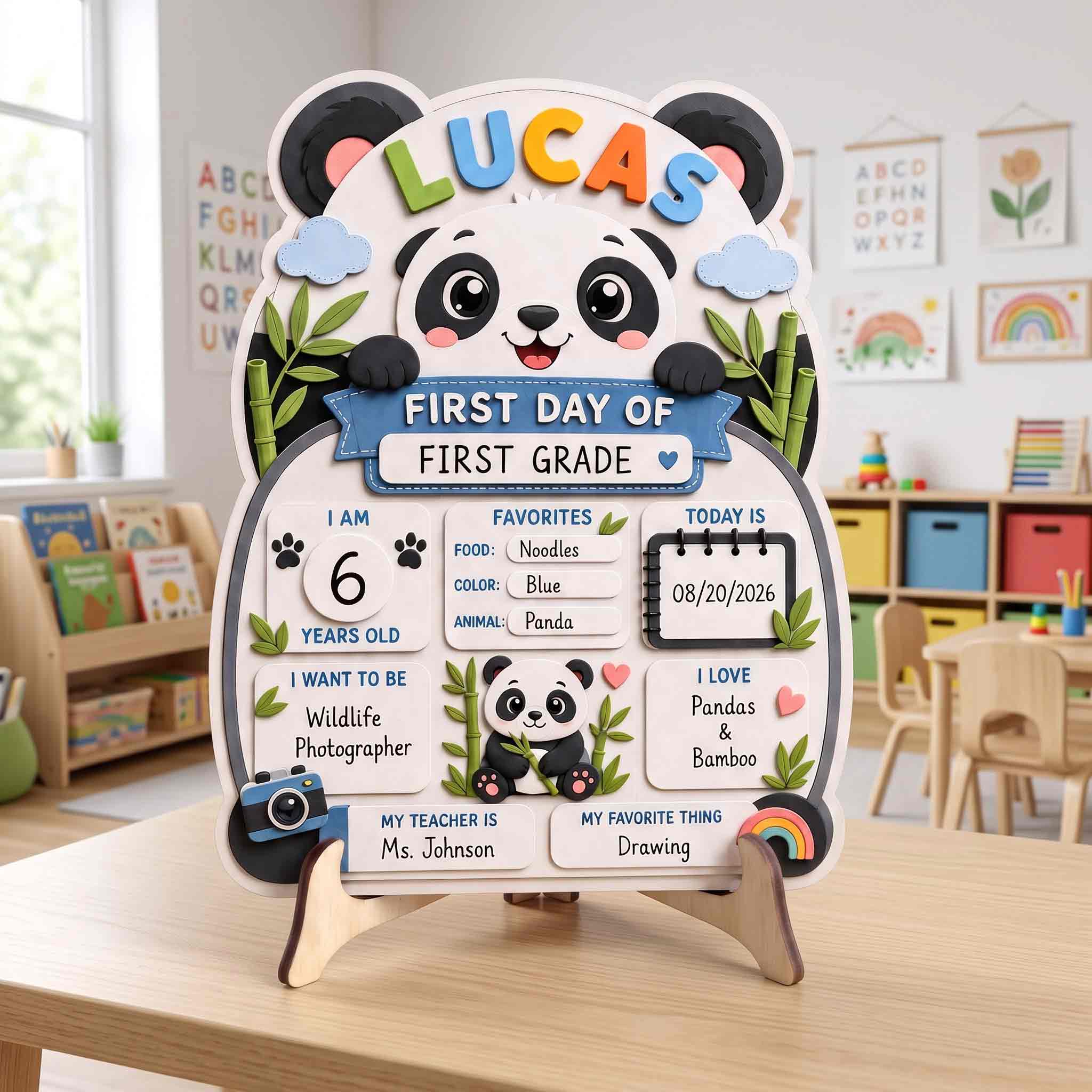Personalized Cute Panda Bear First & Last Day School Sign, Reusable Dry Erase Board, Back to School Sign