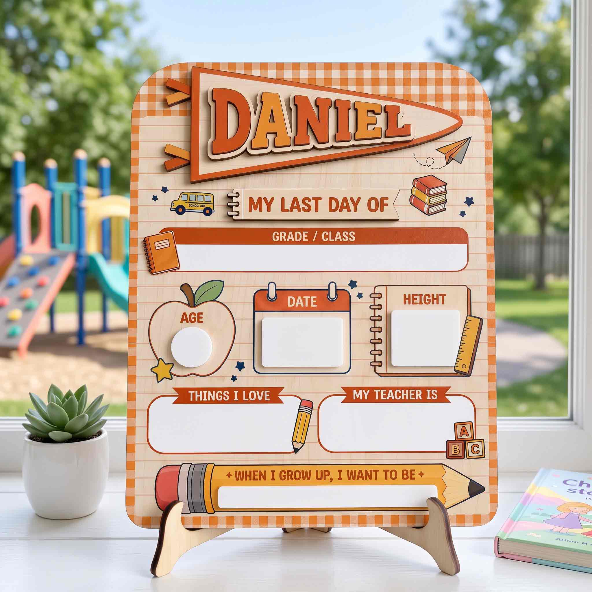 Personalized Orange Gingham Board First & Last Day School Sign, Reusable Dry Erase Board, Back to School Sign