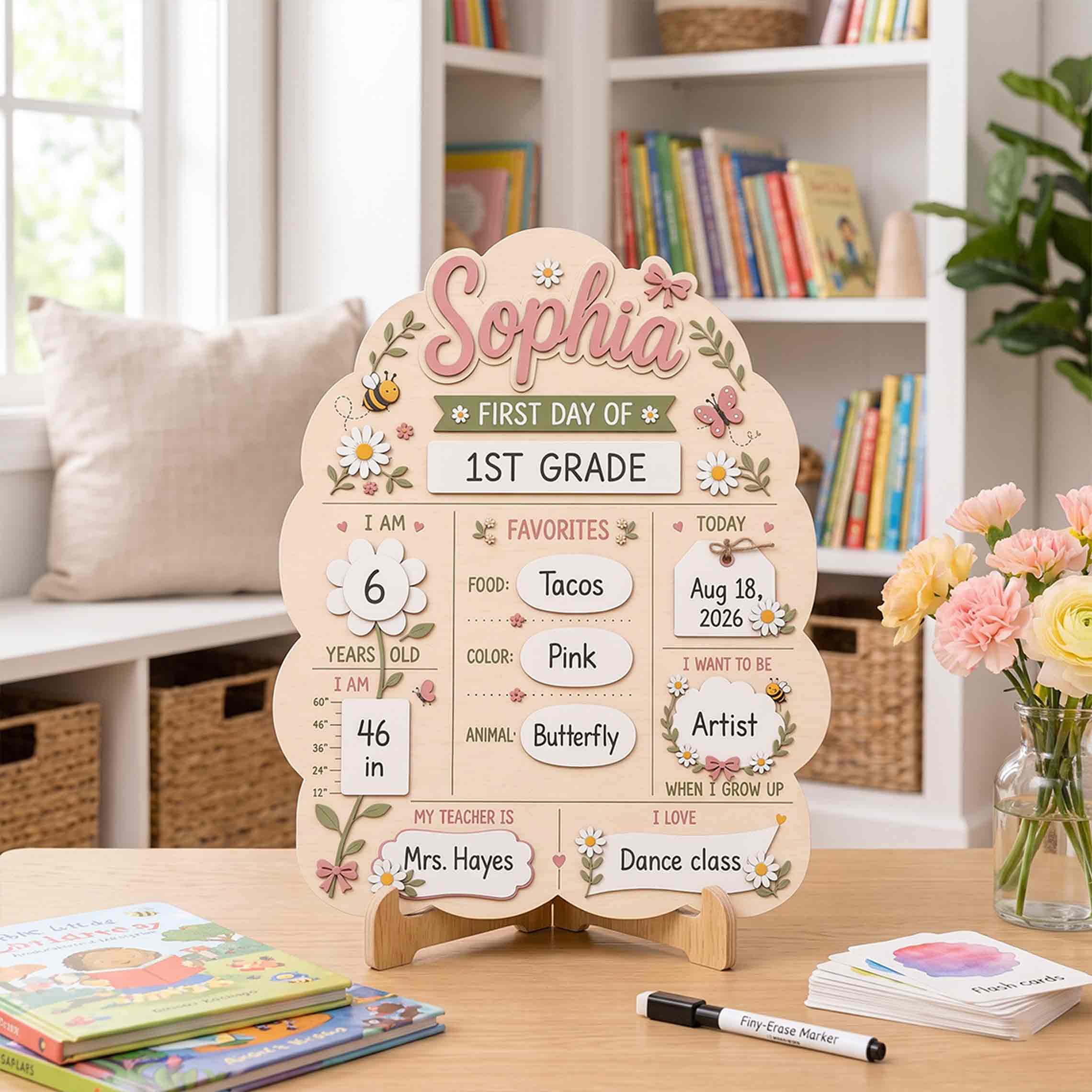 Personalized Cottage Floral Garden First & Last Day School Sign, Reusable Dry Erase Board, Back to School Sign