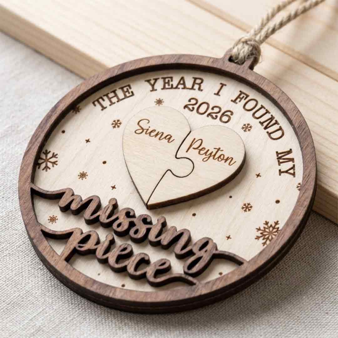 Missing Piece Puzzle Heart Personalized Custom Name Date Couple 2-Layer Wooden Christmas Ornament for Couples Gift