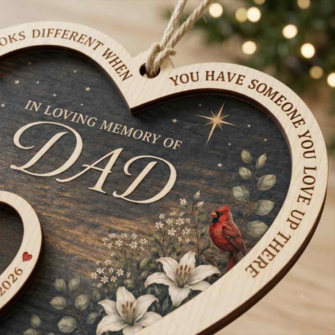 In Loving Memory Dad Heart Photo Personalized Custom Name Date Photo Memorial 2-Layer Wooden Christmas Ornament Remembrance Gift for Loss of Dad