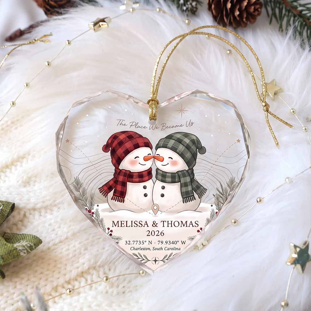 The Place We Became Us Snowman Couple Personalized Couple Custom Name Date Coordinates Address Gift Heart Glass Christmas Ornament