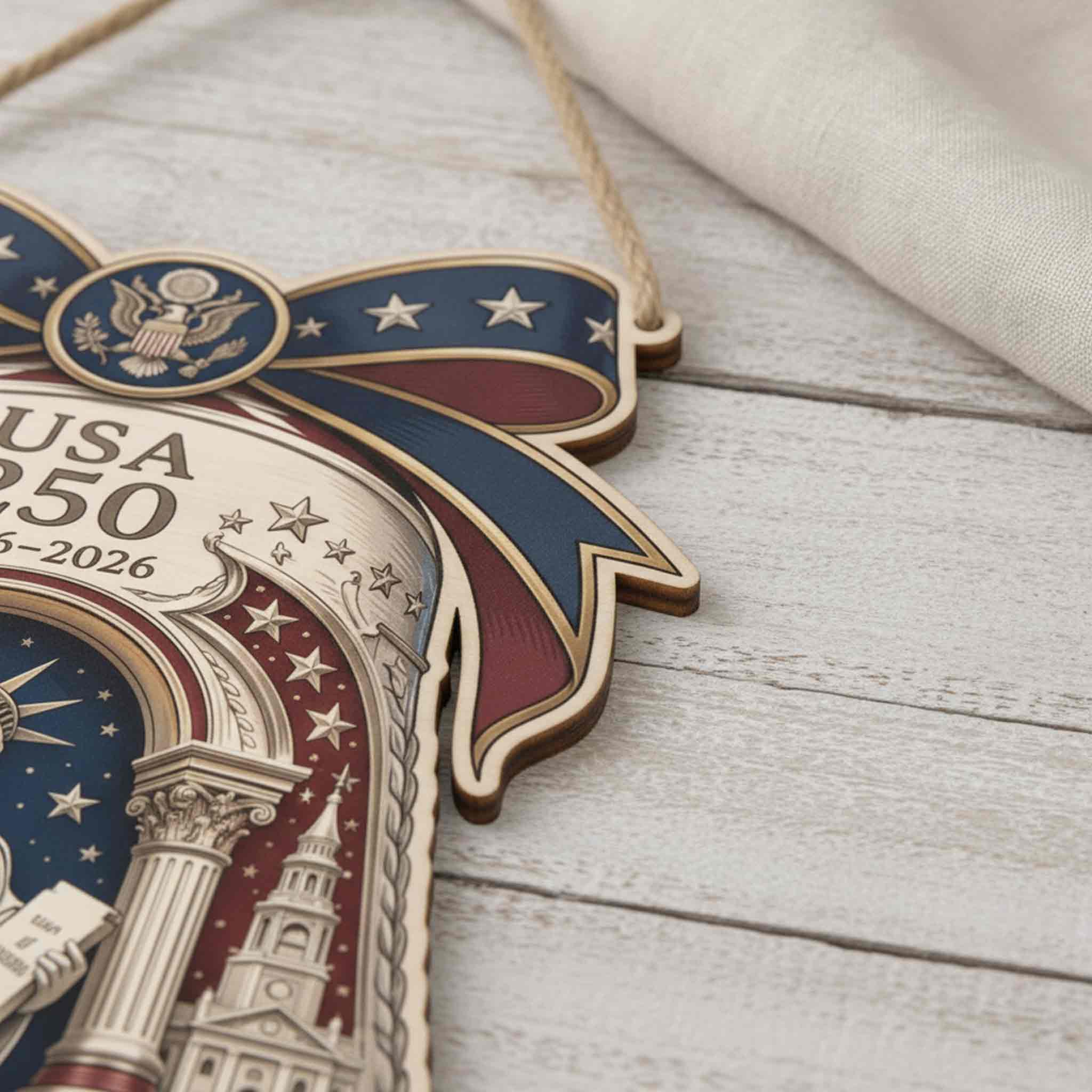 America 250th Anniversary Wooden Sign With Liberty Bell and Statue of Liberty