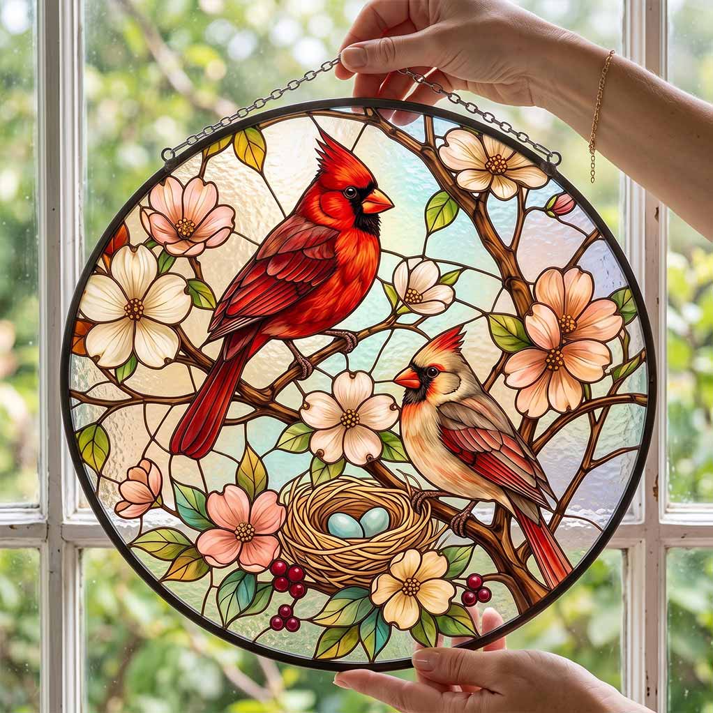 Cardinal Couple Nest Floral Bird Lover Gift Nature Window Decor Couple Stained Glass Suncatcher Christmas Ornament