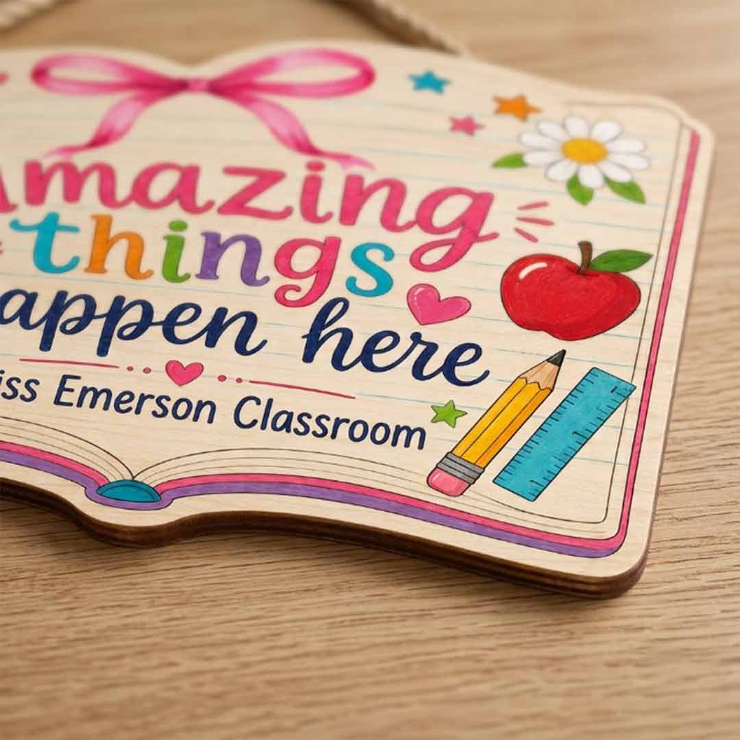 Personalized Teacher Name Wooden Sign Door Hanger Amazing Things Happen Here Wooden Classroom Decor, Back to School Sign