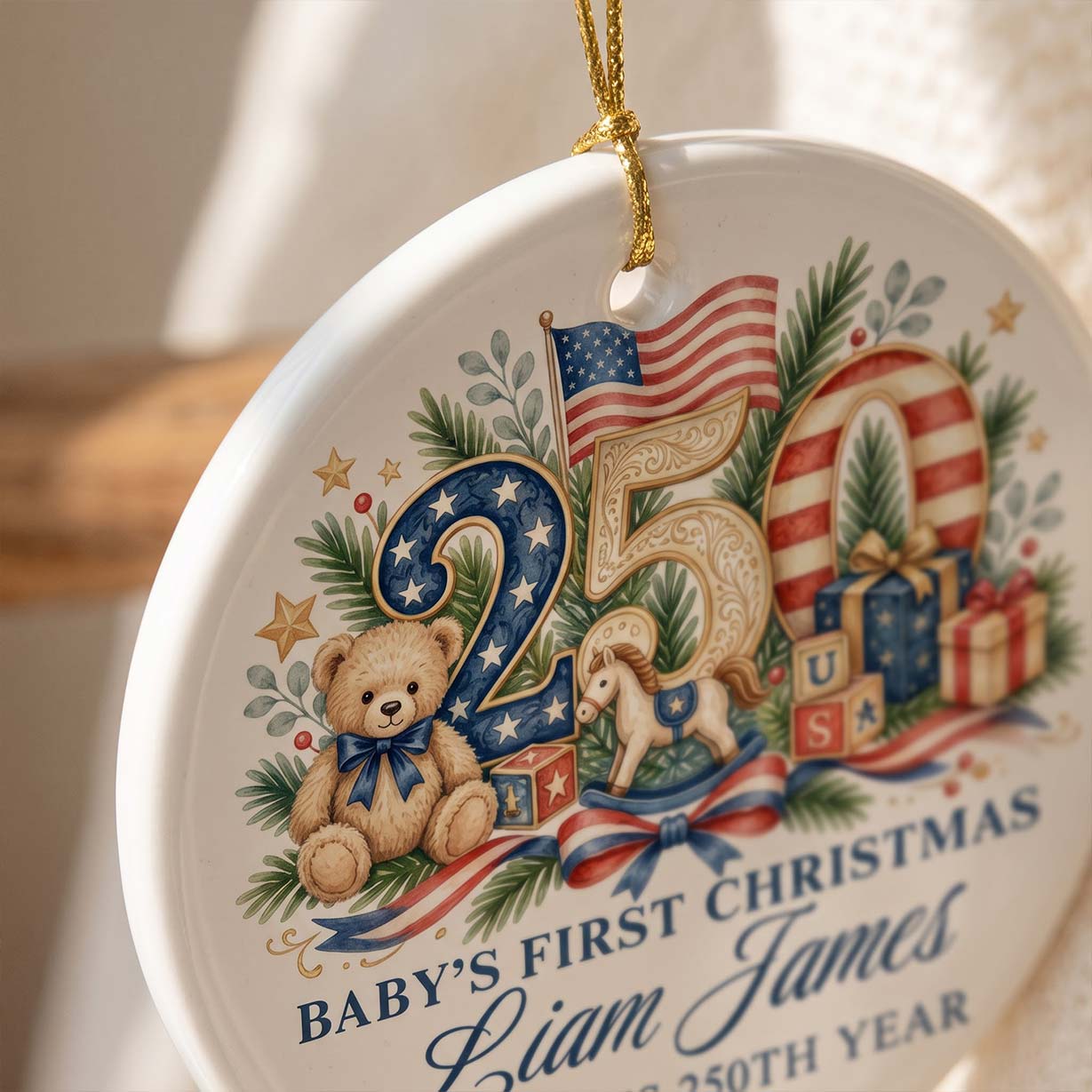 Baby's First Christmas America's 250th Year Custom Name Baby's First Christmas Round Ceramic Christmas Ornament Patriotic Baby Keepsake