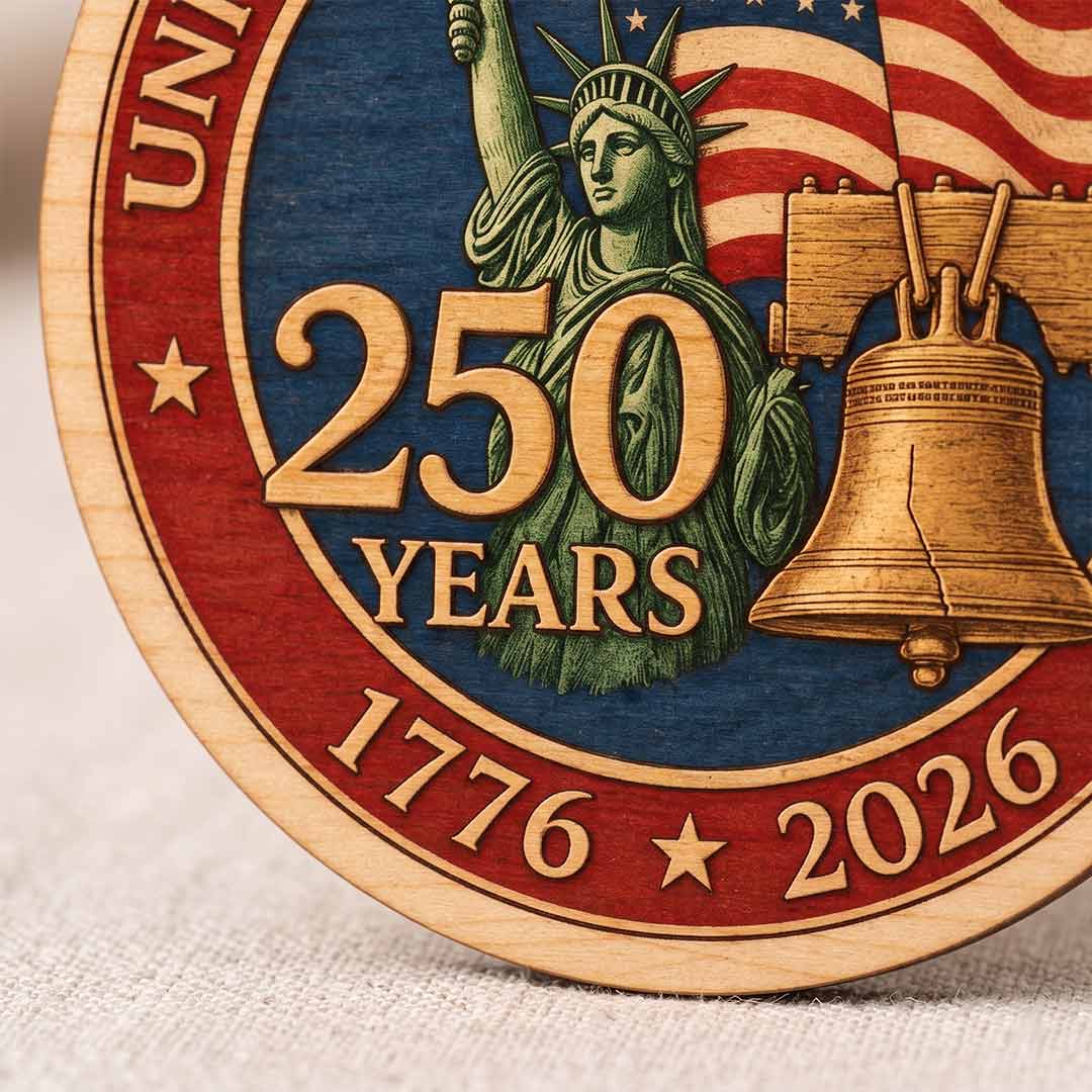 United States 250 Years Statue of Liberty and Liberty Bell 1776-2026 Patriotic Gift 1-Layer Wooden Christmas Ornament