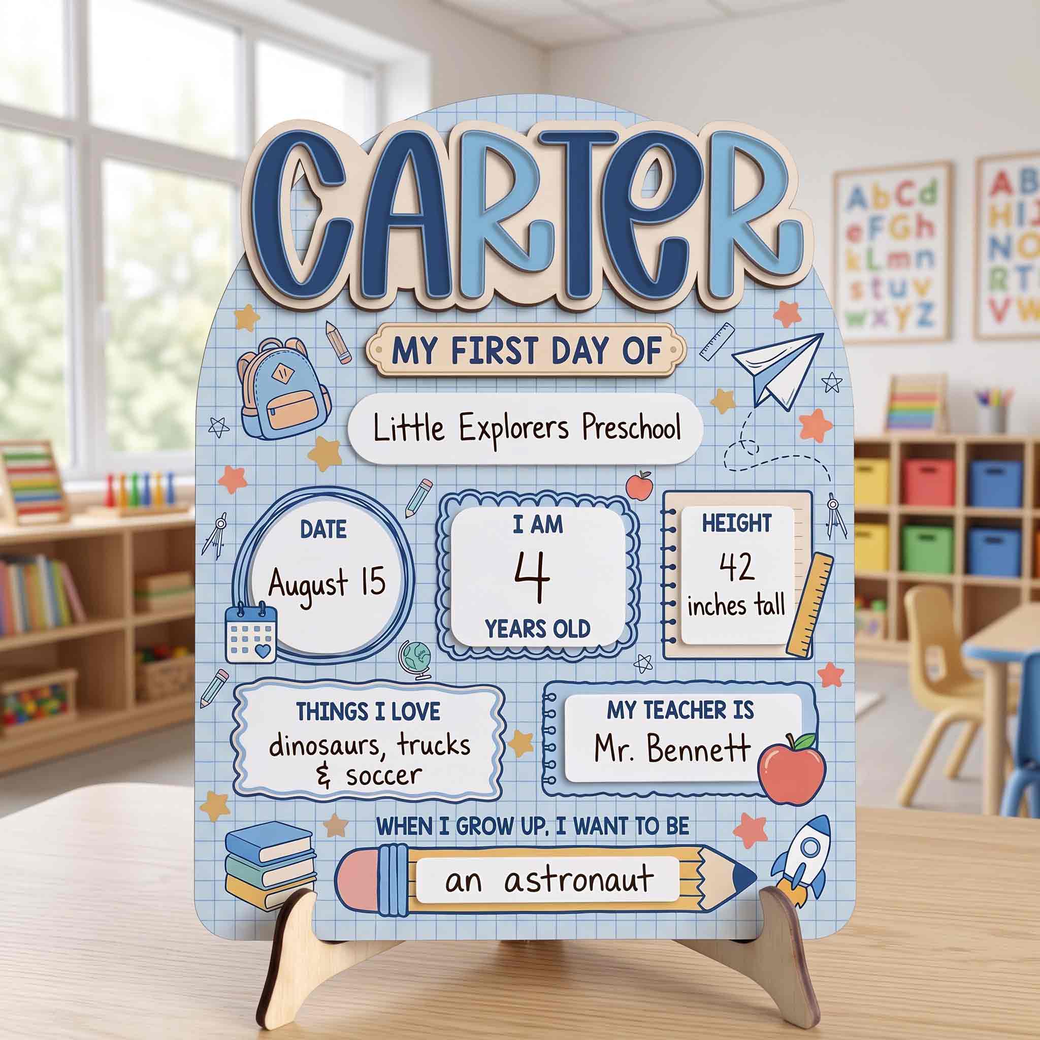 Personalized Blue Explorer School First & Last Day School Sign, Reusable Dry Erase Board, Back to School Sign