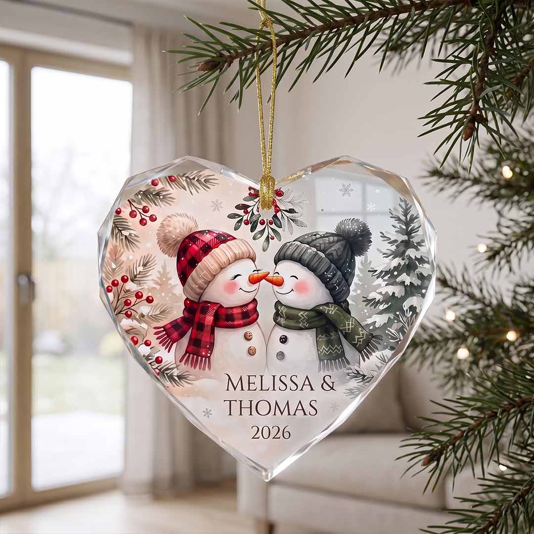 Snowman Couple First Christmas Personalized Couple Custom Name Date Christmas Gift Heart Glass Christmas Ornament