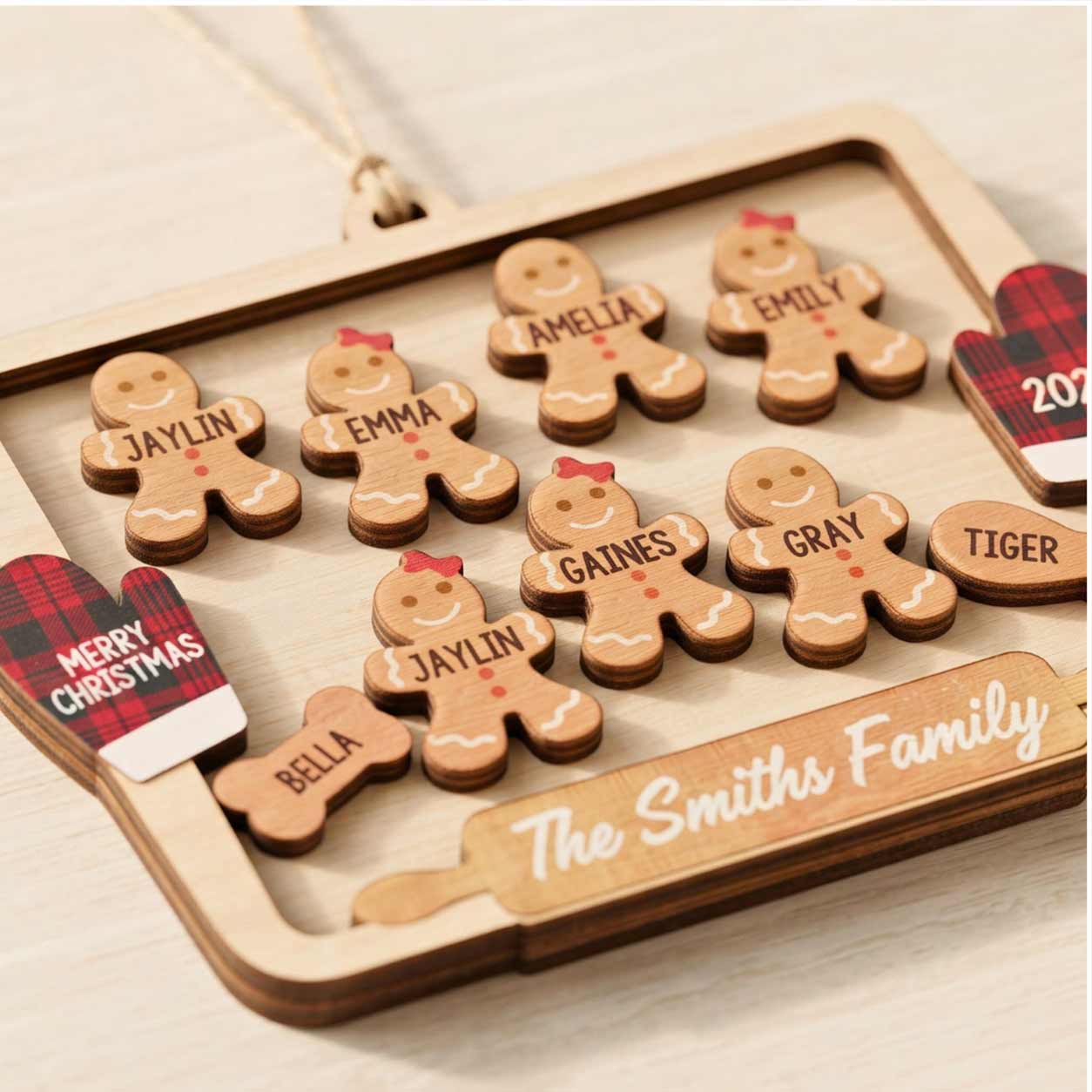 Gingerbread Cooking Family Christmas 2026 Custom Family Name Kids Names 2-Layer Wooden Christmas Ornament