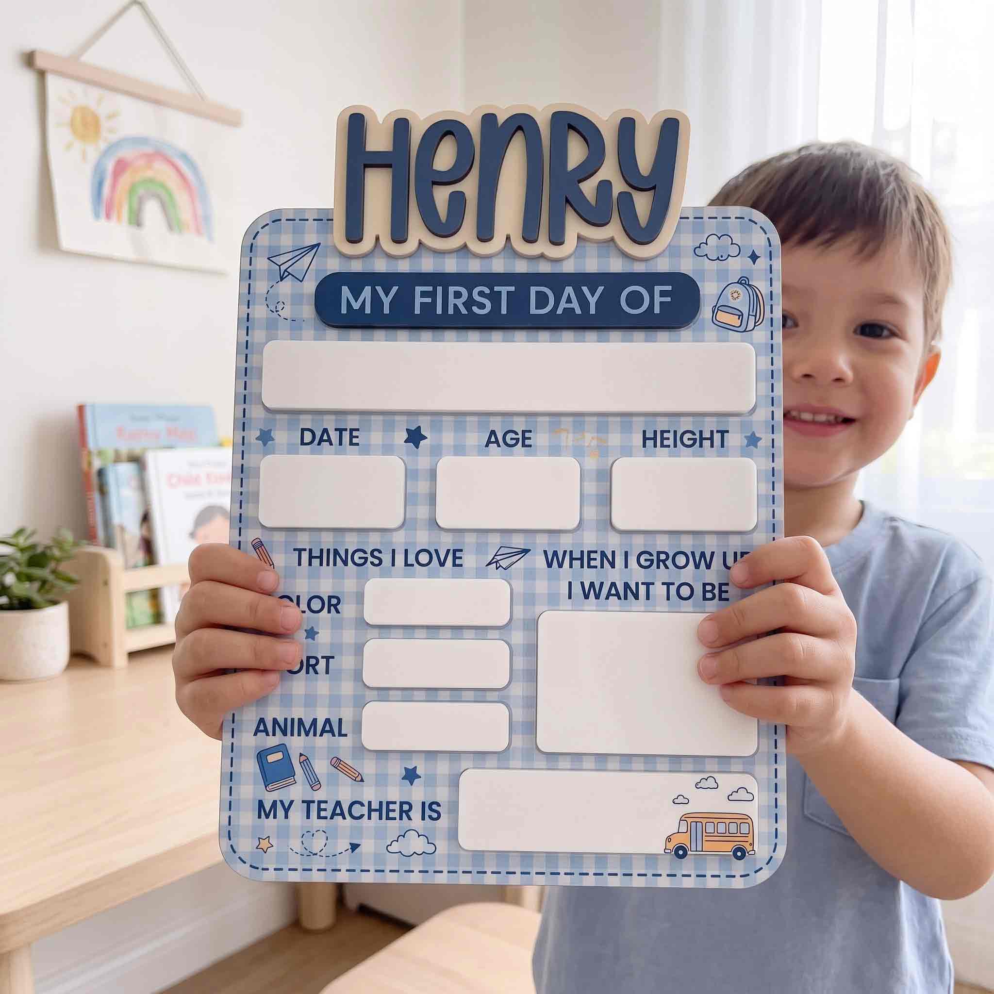Personalized Blue School Doodles First & Last Day School Sign, Reusable Dry Erase Board, Back to School Sign