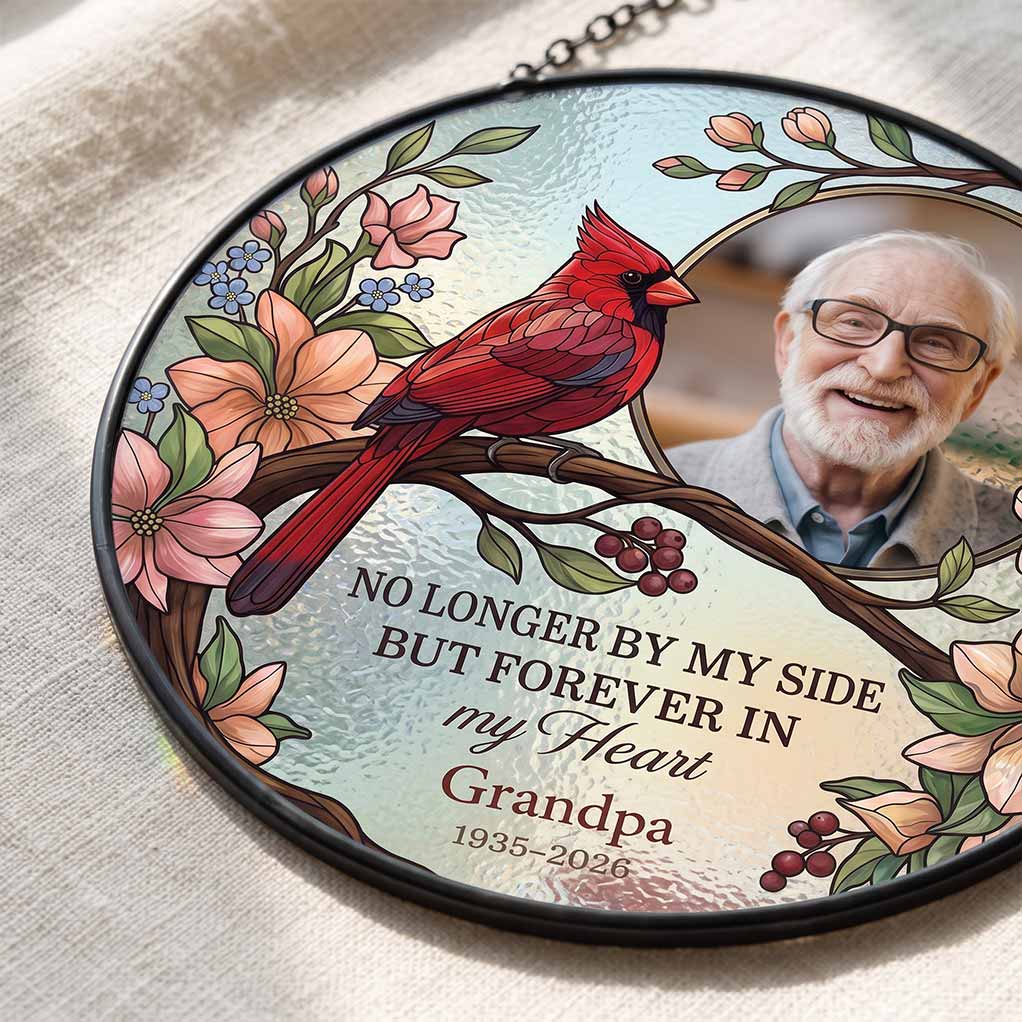 No Longer by My Side but Forever in My Heart 2026 Grandma Memorial Personalized Custom Name Date Photo Memorial Keepsake Stained Glass Suncatcher Ornament for Loss of Grandma