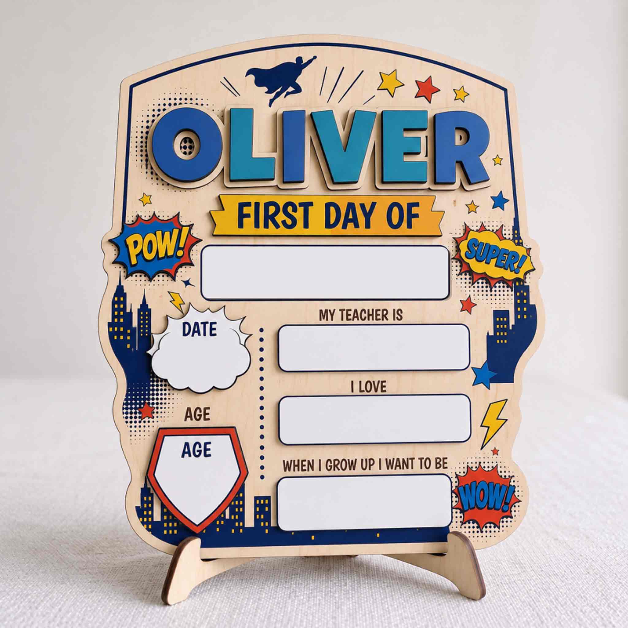 Personalized Superhero City Theme First & Last Day School Sign, Reusable Dry Erase Board, Back to School Sign