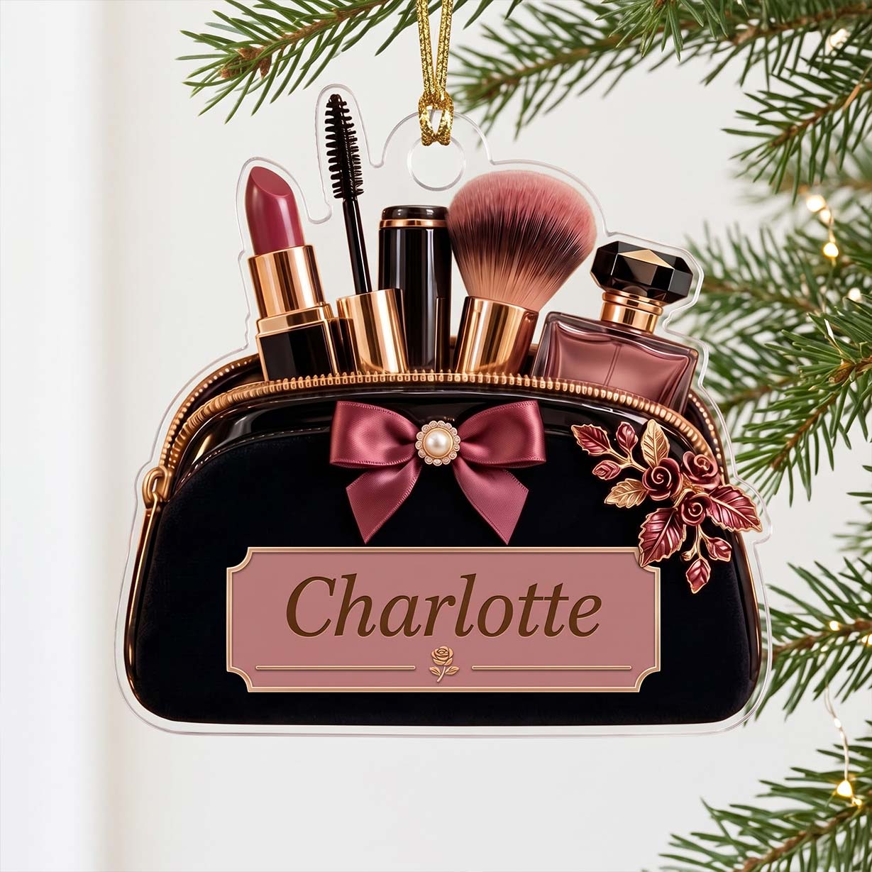 Makeup Black Floral Cosmetic Bag Lipstick Brush Custom Name Acrylic Christmas Ornament Makeup Lover