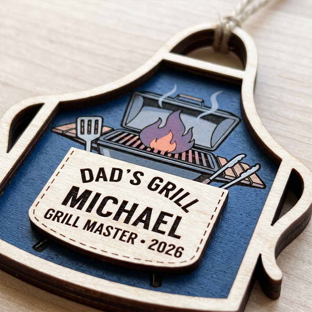 Dad's Grill Apron Personalized Custom Name Date Family 2-Layer Wooden Christmas Ornament Grill Master Christmas Gift for Dad