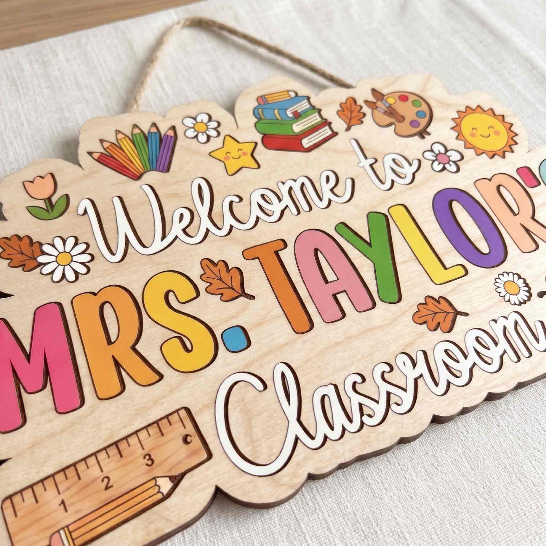 Personalized Rainbow Teacher Classroom Welcome Sign, Colorful School Supplies Classroom Decor Wooden Sign