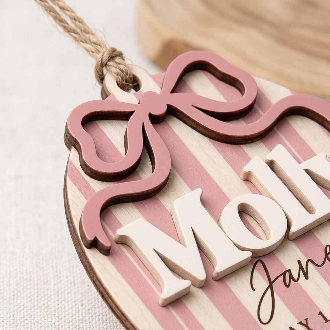 Pink Bow Birth Announcement Personalized Custom Name Date Time Weight Length Newborn 2-Layer Wooden Christmas Ornament Newborn Gift for New Parents