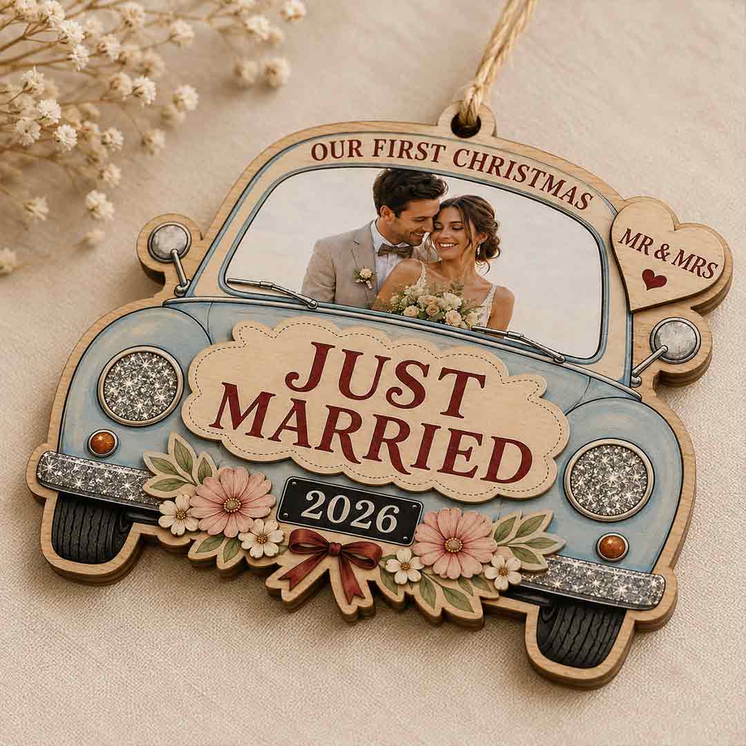 Just Married Wedding Car Personalized Custom Name Date Photo Wedding 2-Layer Wooden Christmas Ornament Newlywed Wedding Gift