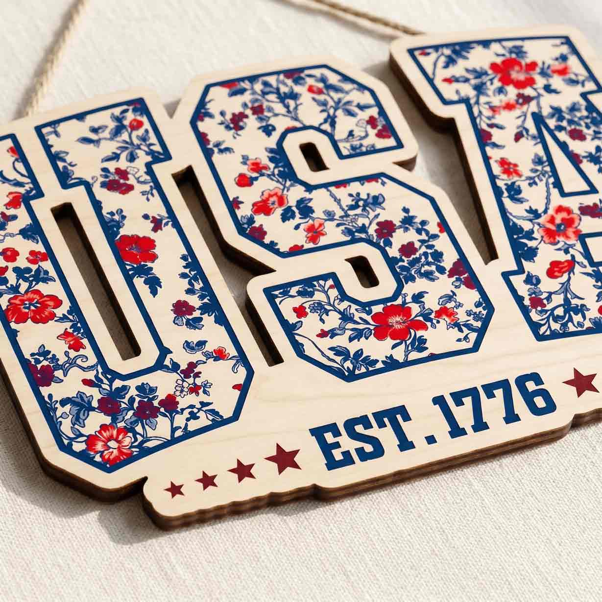 Floral USA Est 1776 Wooden Hanging Sign Patriotic Americana Decor