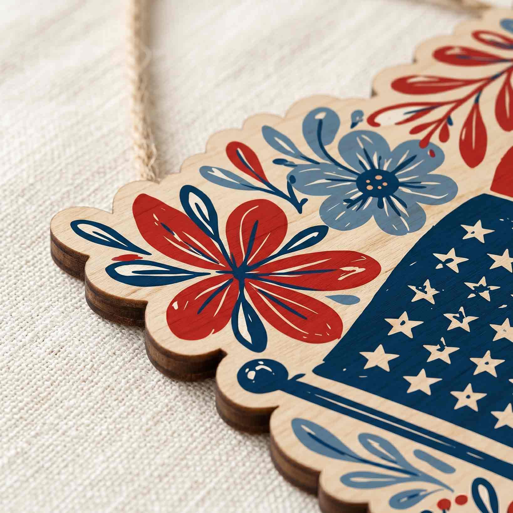 American Flag Floral Folk Art Patriotic America 250th Anniversary 1776-2026 Wooden Sign