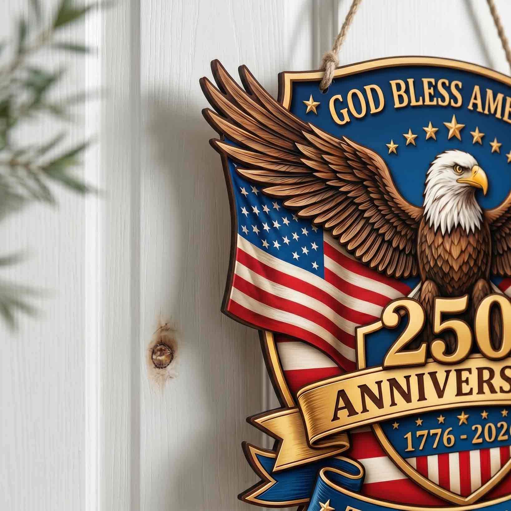 Personalized America 250th Anniversary Wooden Sign With Family Name God Bless America Eagle Decor