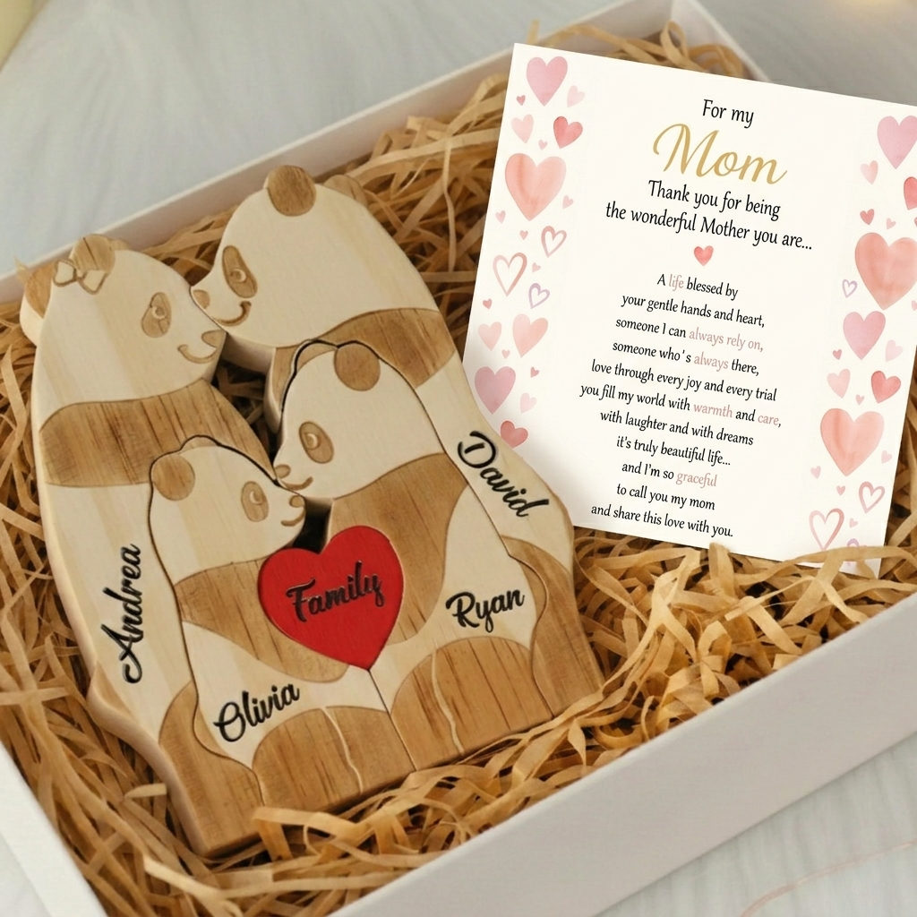 Personalized Panda 4 Pieces Family Edition Custom Wooden Puzzle