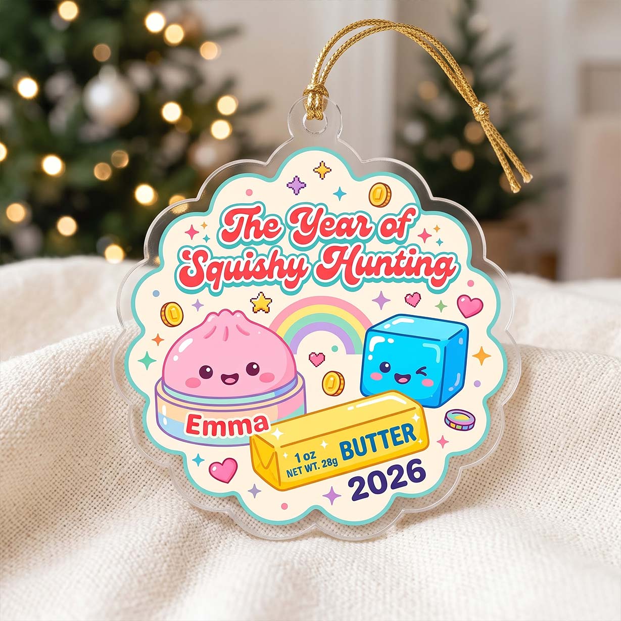 Rainbow Squishy Hunting Butter Ice Cube Custom Name Date Acrylic Christmas Ornament Cute